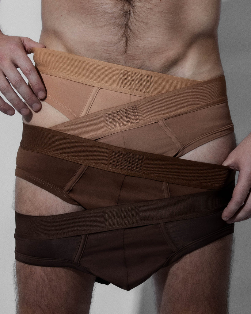 4 shades of nude colored mens underwear made of recycled nylon